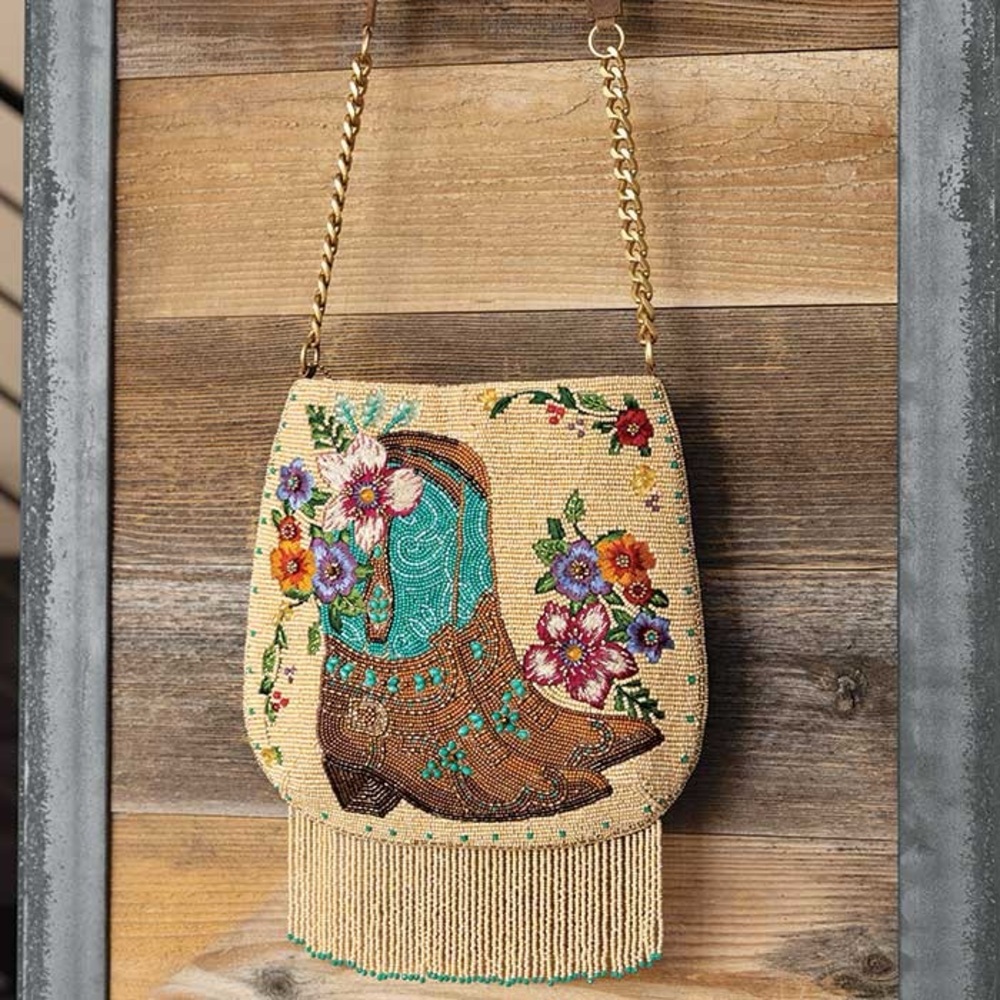 MARY FRANCES Vintage Floral Embellished Beaded Bag with Fringe